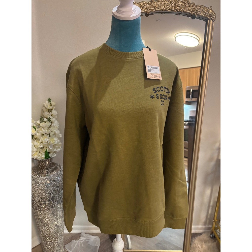 Scotch & Soda Mens Olive Green Graphic Logo Crewneck Sweatshirt Size Medium NWT
